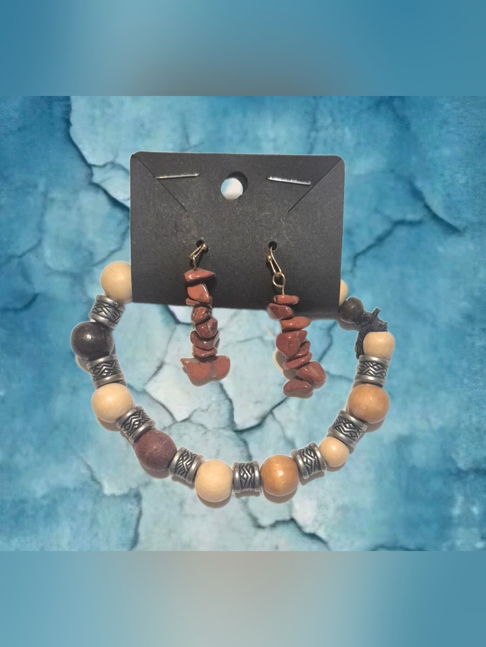 Boho Red Jasper Chip Earrings & Mixed Wood Bead Bracelet Set